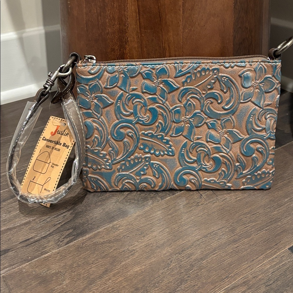 Justin Convertible Shoulder/wristlet bag,zip top,3 card slot,tooled aqua floral